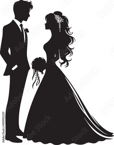 Wedding silhouette figures of newlyweds. Heart Shape Line Art. Vector illustration. Simple vector wedding couple silhouettes.