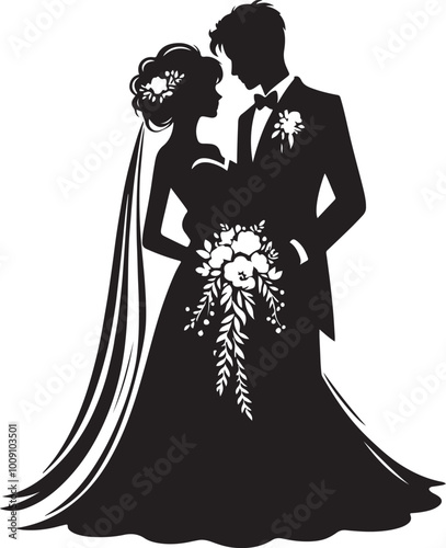 Wedding silhouette figures of newlyweds. Heart Shape Line Art. Vector illustration. Simple vector wedding couple silhouettes.