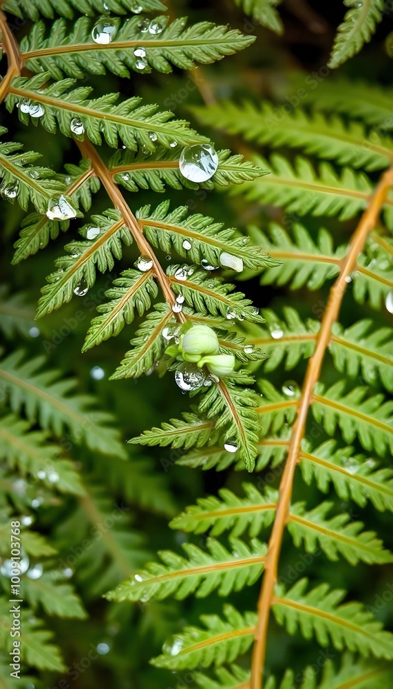 A detailed close-up of fern leaves adorned with sparkling dewdrops, showcasing the beauty of nature and the freshness of the morning A detailed close-up of fern leaves adorned with sparkling dewdrops, showcasing the beauty of nature and the freshness of the morning
