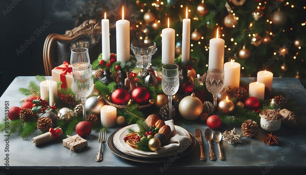 Elegant Christmas table setting with candles, festive ornaments, and a holiday feast ready to be enjoyed,generative ai Elegant Christmas table setting with candles, festive ornaments, and a holiday feast ready to be enjoyed,generative ai