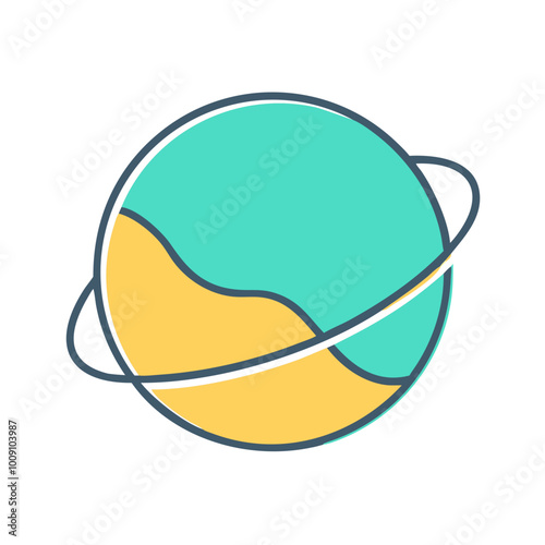 Planet icon in yellow and teal, representing global and space exploration in flat design
