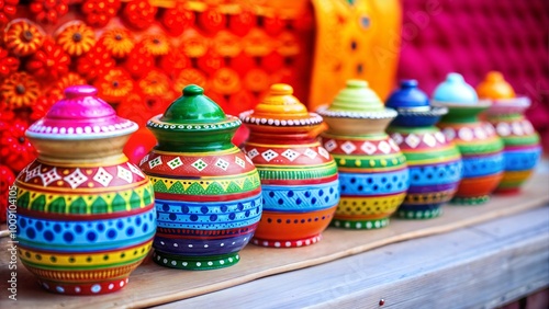 Vibrant hand-painted clay pots arranged for decoration during festive celebrations 