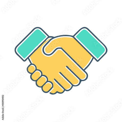 Handshake icon in yellow and teal, partnership and agreement symbol in flat design