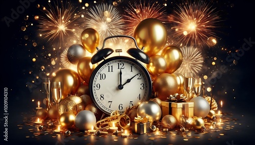 New Year countdown clock surrounded by gold and silver balloons, fireworks lighting up the night sky,generative ai