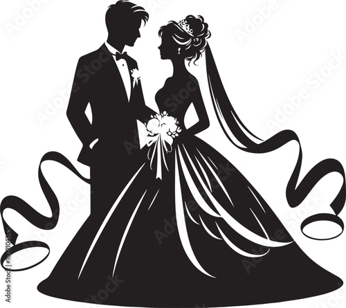 Wedding silhouette figures of newlyweds. Heart Shape Line Art. Vector illustration. Simple vector wedding couple silhouettes.