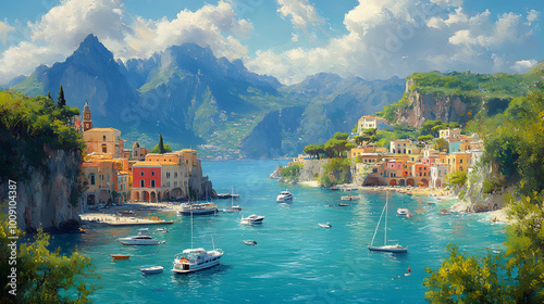 A Panoramic View of the Amalfi Coast Showcasing Its Colorful Cliffside Villages, Sparkling Mediterranean Sea, and Lush Greenery, Capturing the Essence of Coastal Beauty and Tranquility in a Breathtaki photo