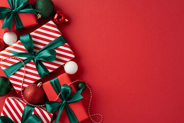 Top view of Christmas presents with green ribbons and holiday decorations on a vibrant red background