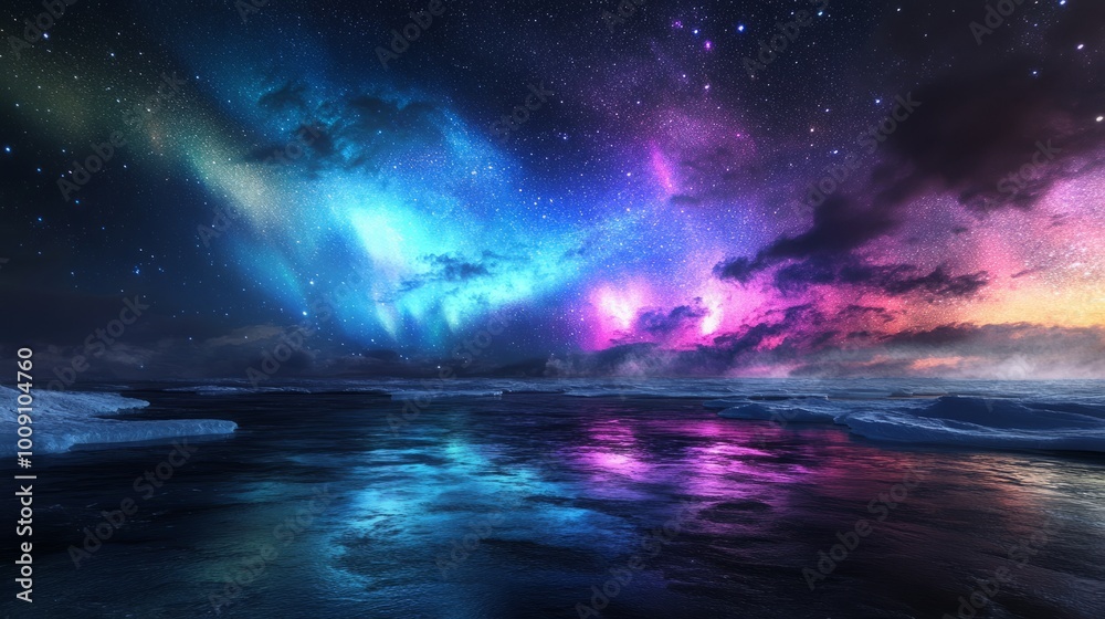 The Northern Lights shine in the starry sky above a frozen lake in Antarctica, multi-colored lights reflecting off the ice. Hyperrealistic 4K photo. The Northern Lights shine in the starry sky above a frozen lake in Antarctica, multi-colored lights reflecting off the ice. Hyperrealistic 4K photo.