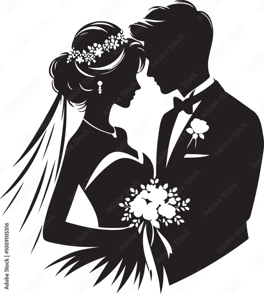 Wedding silhouette figures of newlyweds. Heart Shape Line Art. Vector illustration. Simple vector wedding couple silhouettes.