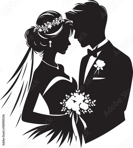 Wedding silhouette figures of newlyweds. Heart Shape Line Art. Vector illustration. Simple vector wedding couple silhouettes.