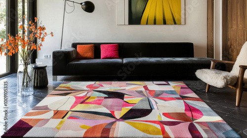 A flatweave rug displayed in a high-quality magazine photo, showcasing the entire room photo