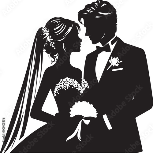 Wedding silhouette figures of newlyweds. Heart Shape Line Art. Vector illustration. Simple vector wedding couple silhouettes.