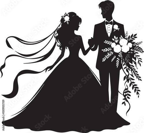 Wedding silhouette figures of newlyweds. Heart Shape Line Art. Vector illustration. Simple vector wedding couple silhouettes.