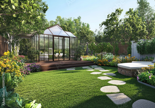 the backyard garden with lush green grass, various flowers and plants in pots around it, a wooden deck near a greenhouse, and a stone step path leading to a gazebo.