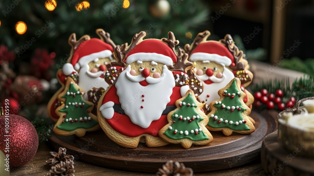 Obraz premium Festive Christmas cookies shaped like Santa and trees on a wooden table, surrounded by holiday decorations and warm lights.
