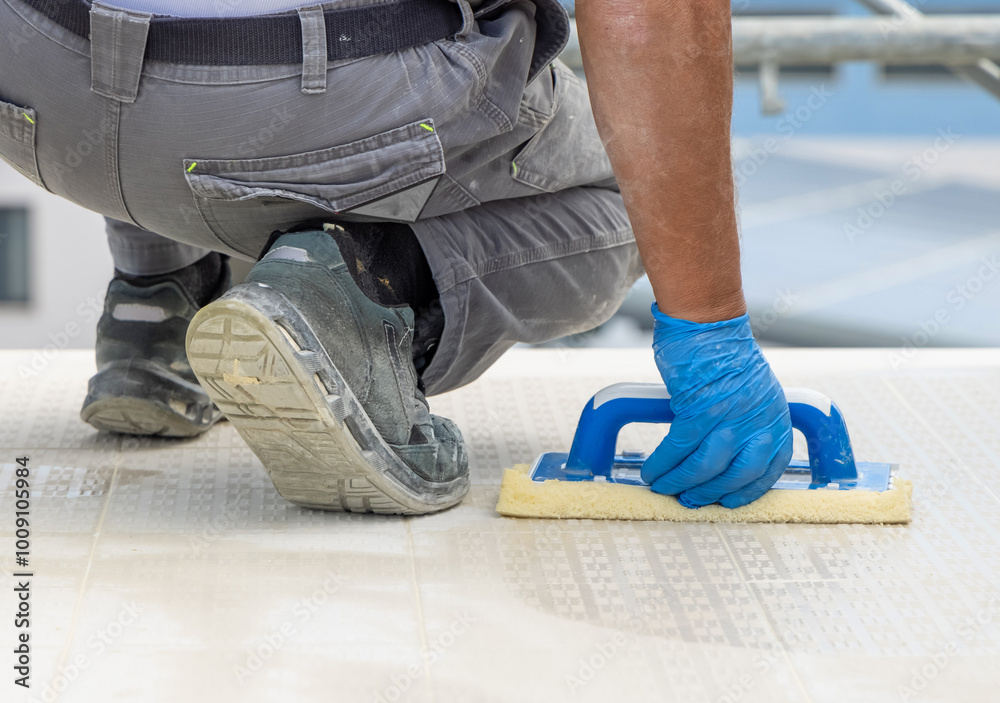 Craftsman in grey work clothes washing surface with a float during construction Craftsman in grey work clothes washing surface with a float during construction