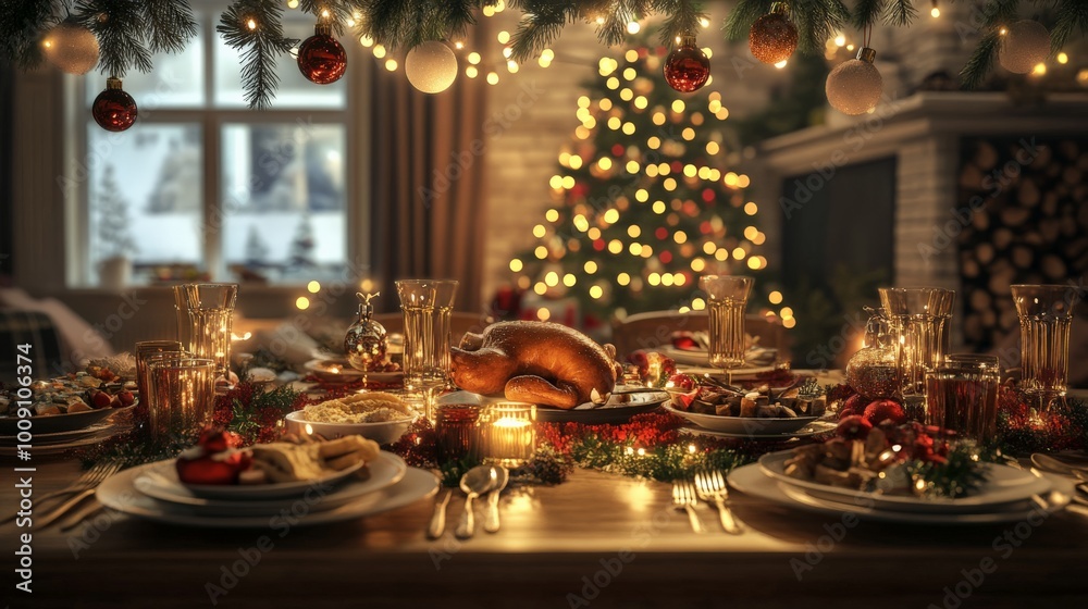 Festive Christmas dinner setup with glowing lights and decorations, featuring a turkey and elegant tableware on a cozy winter evening. Festive Christmas dinner setup with glowing lights and decorations, featuring a turkey and elegant tableware on a cozy winter evening.