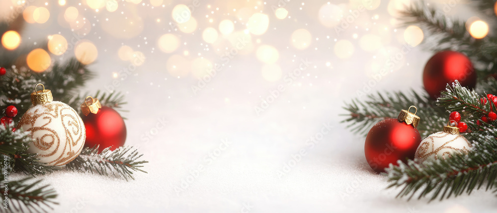 Festive Arrangement of Fir Tree Branches with Colorful Holiday Ornaments, Evoking Warmth and Joy of the Christmas Season Festive Arrangement of Fir Tree Branches with Colorful Holiday Ornaments, Evoking Warmth and Joy of the Christmas Season