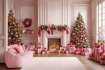 A festive living room adorned with pink and gold Christmas decor and gifts for the holidays