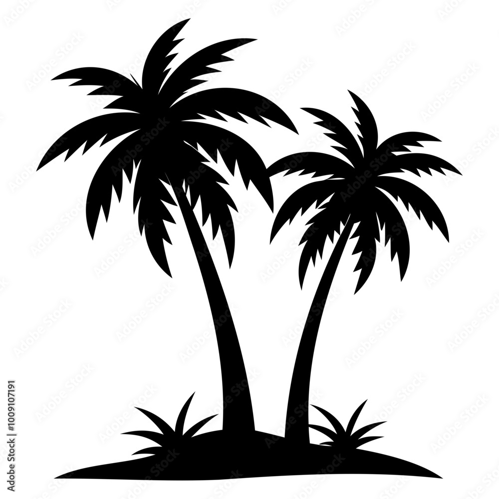 Highly Detailed Two palm tree black silhouette Vector illustration isolated on a white background Highly Detailed Two palm tree black silhouette Vector illustration isolated on a white background