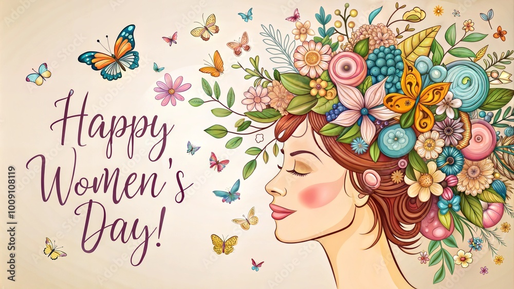 Artistic illustration of a woman with flowers and butterflies for Happy Women’s Day celebration
Artistic illustration of a woman with flowers and butterflies for Happy Women’s Day celebration