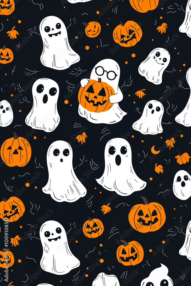 Halloween style pattern wallpaper. Cartoon character background. illustration of cute ghosts with scary pumpkins on the black background Halloween style pattern wallpaper. Cartoon character background. illustration of cute ghosts with scary pumpkins on the black background