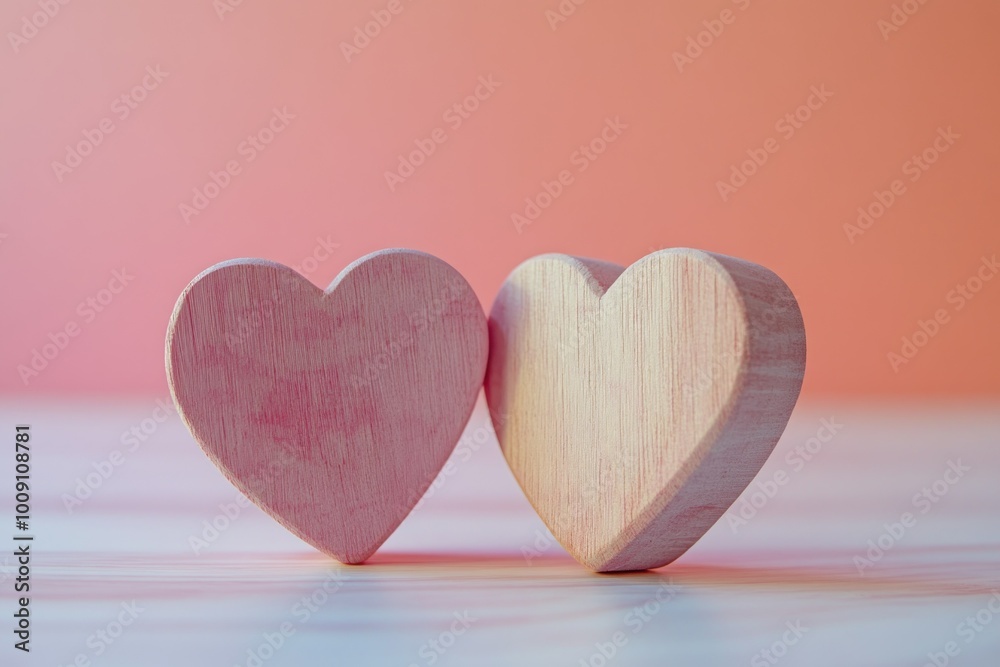 Two Pink Wooden Hearts on a Soft Background Two Pink Wooden Hearts on a Soft Background