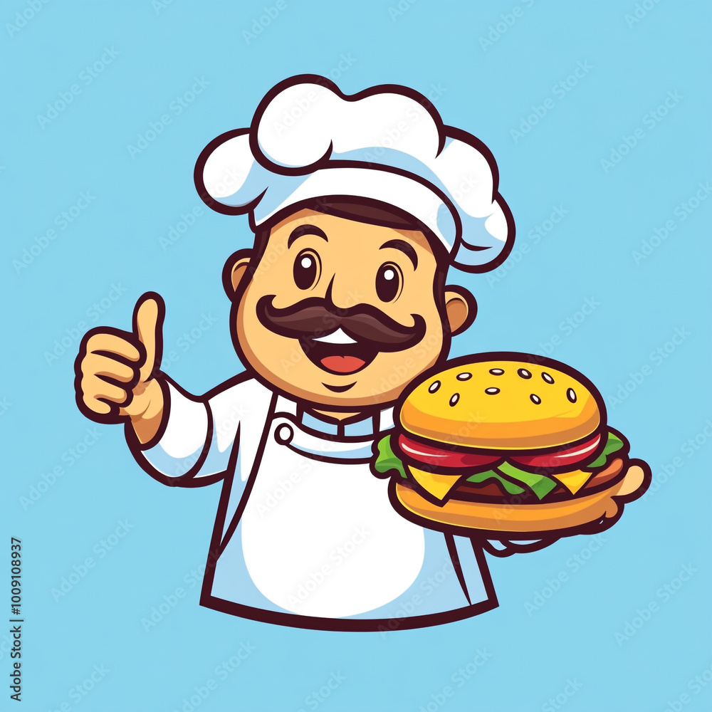 A cartoon chef holding a burger and pointing up, logo design on a blue background in a simple and flat style. A cartoon chef holding a burger and pointing up, logo design on a blue background in a simple and flat style.