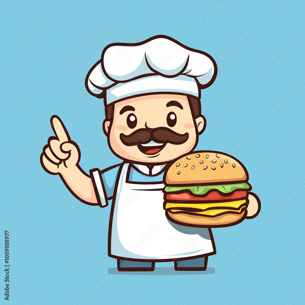 A cartoon chef holding a burger and pointing up, logo design on a blue background in a simple and flat style. A cartoon chef holding a burger and pointing up, logo design on a blue background in a simple and flat style.