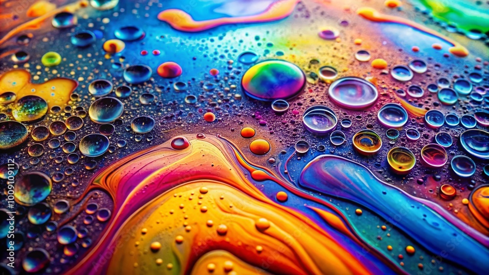 Close-Up of Colorful Oil Stains on Wet Surface Reflecting Light in Abstract Artistic Pattern Close-Up of Colorful Oil Stains on Wet Surface Reflecting Light in Abstract Artistic Pattern