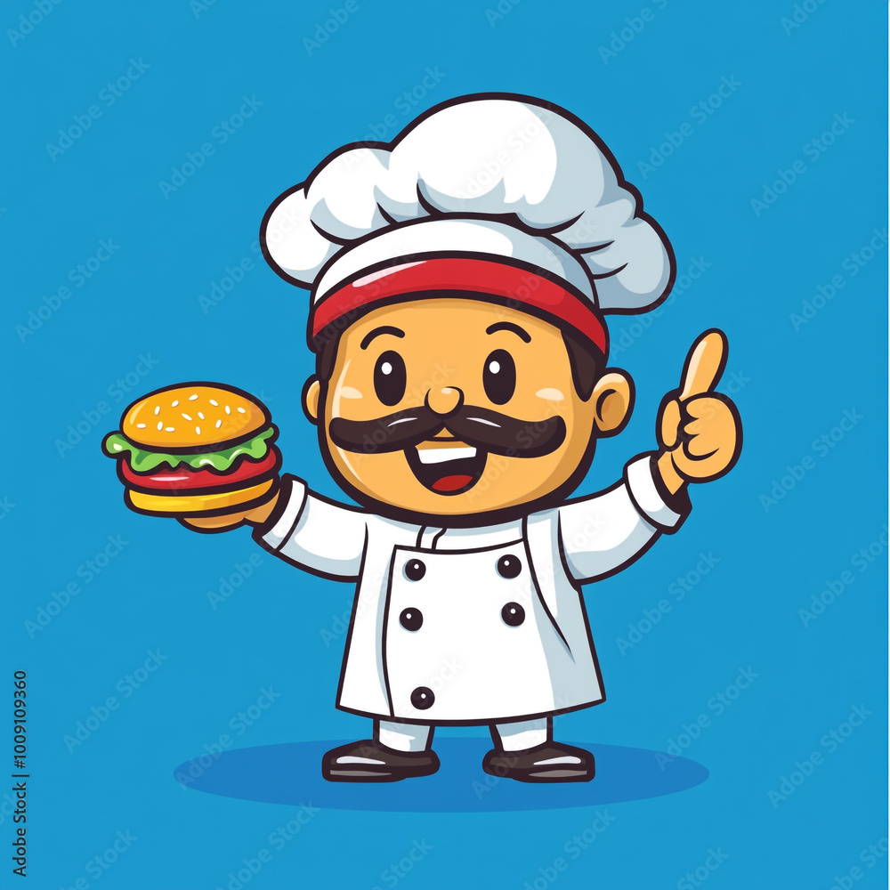A cartoon chef holding a burger and pointing up, logo design on a blue background in a simple and flat style. 