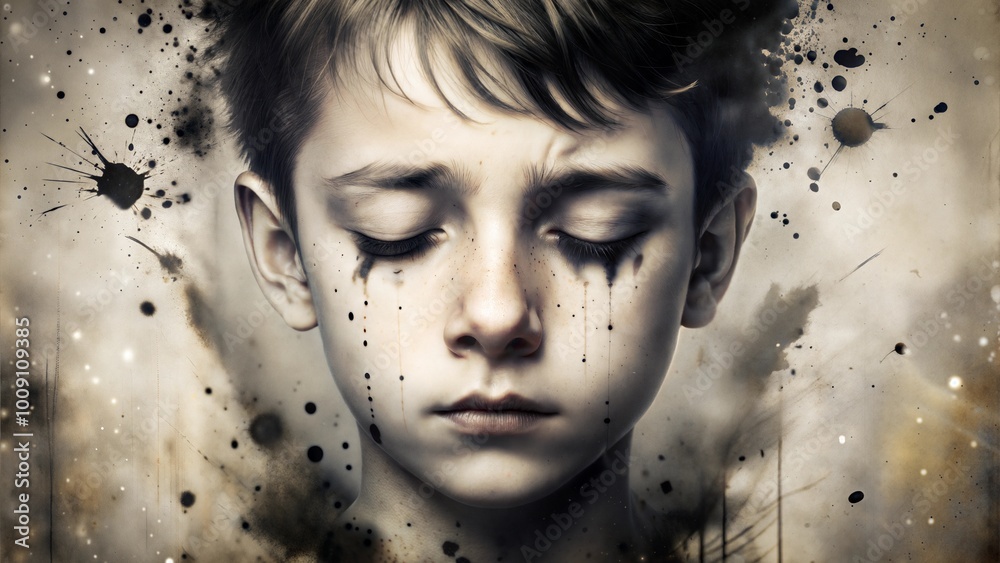 Fototapeta premium Emotional portrait of a boy with ink splatters resembling tears symbolizing the impact of violence