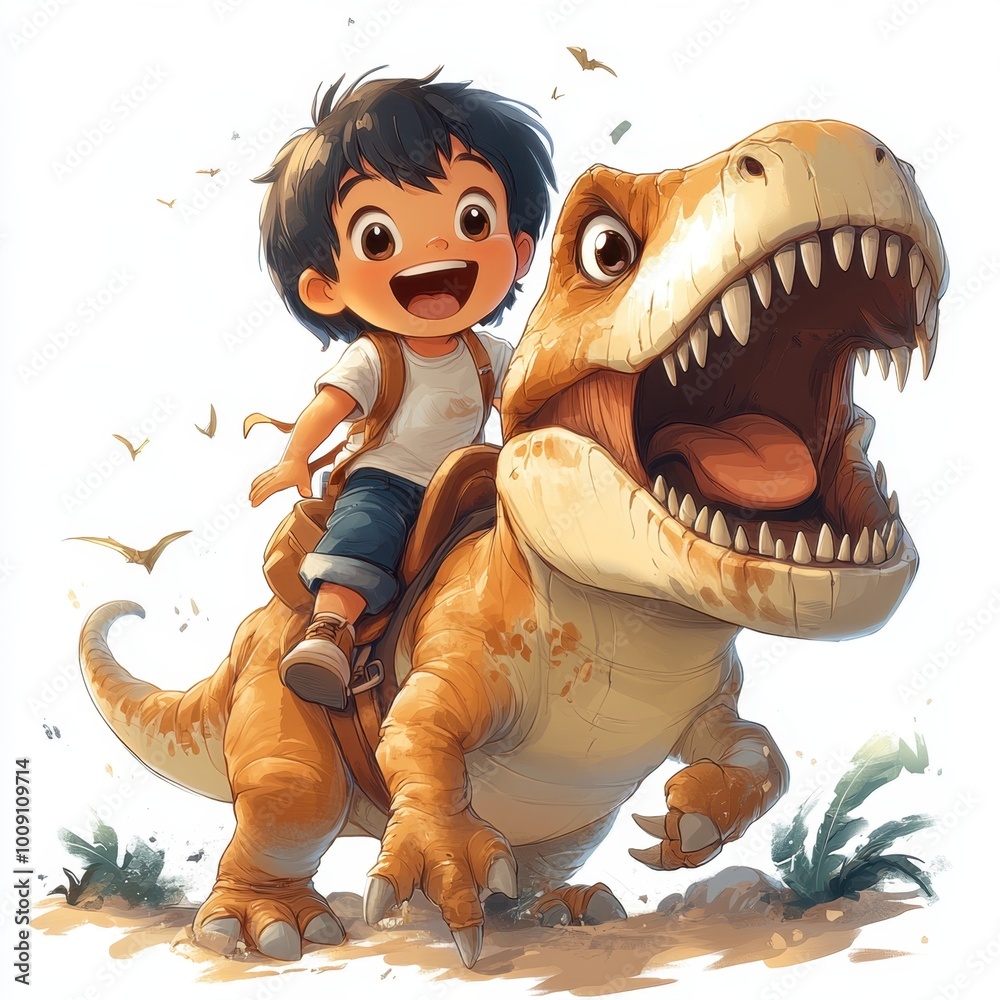A Scary cartoon character of a small boy joyfully riding on a big dinosaur (T-Rex)