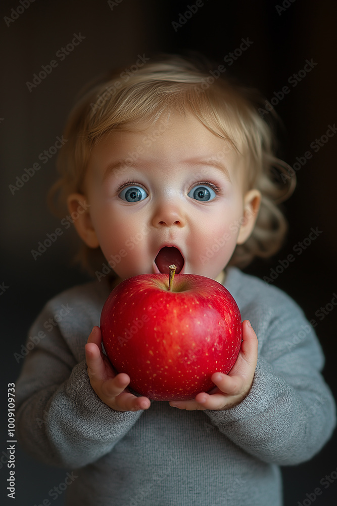 The baby looks surprised with a red apple in his hand The baby looks surprised with a red apple in his hand