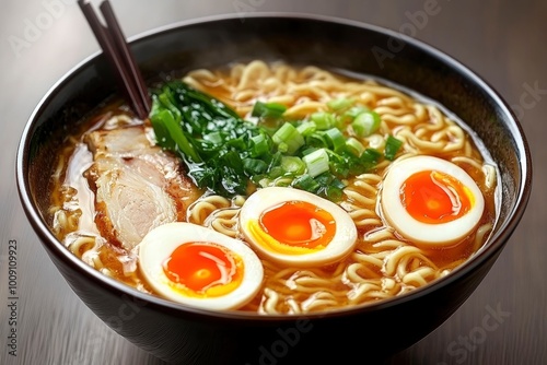 Ramen: Japanese noodle soup with broth, meat, eggs, and vegetables - generative ai