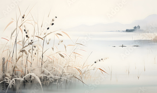 The autumn theme of the Japanese painting includes a lake shore with reeds and grass in inhospitable weather. Ink painting smeared with a wet brush.