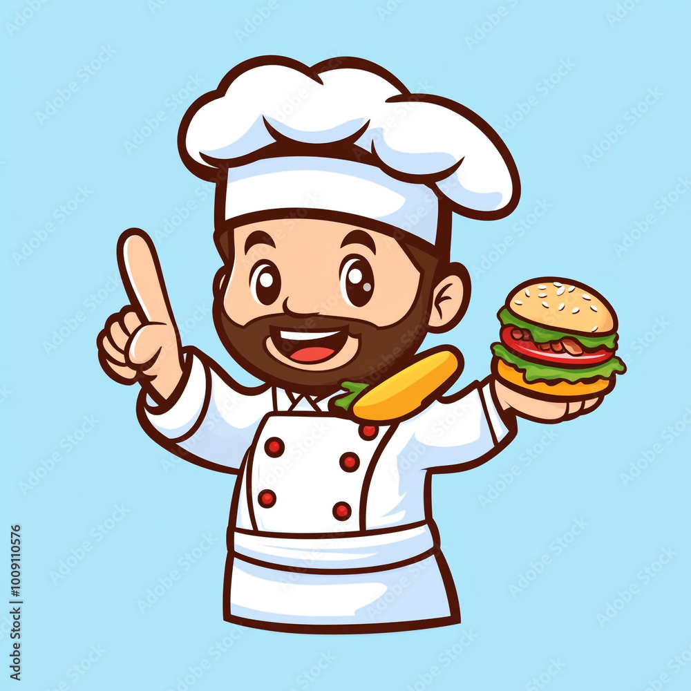 A cartoon chef holding a burger and pointing up, logo design on a blue background in a simple and flat style. A cartoon chef holding a burger and pointing up, logo design on a blue background in a simple and flat style.