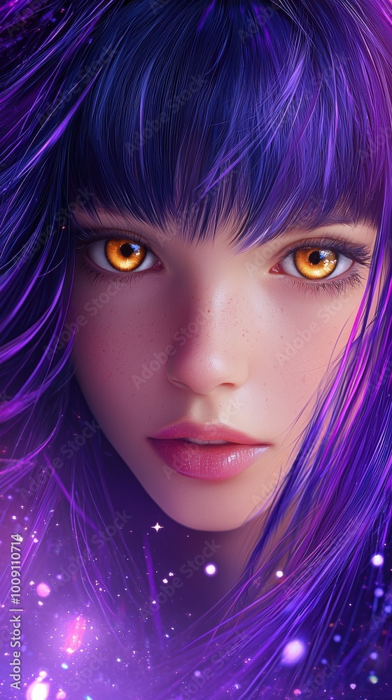 A mesmerizing close-up of a girl with captivating purple hair and striking golden eyes A mesmerizing close-up of a girl with captivating purple hair and striking golden eyes