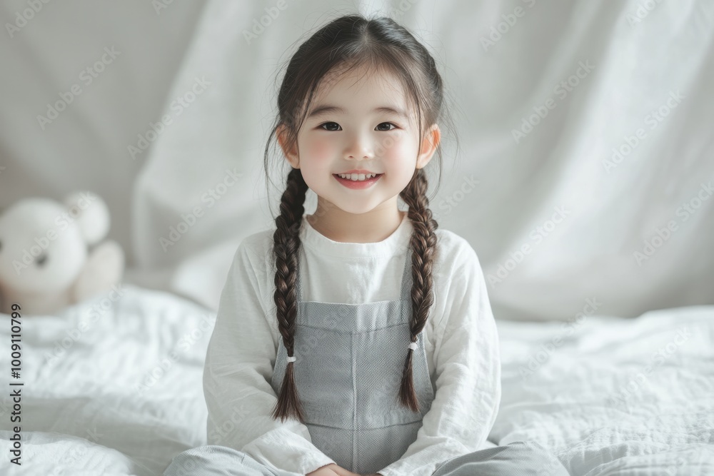 A joyful, braided Asian girl jumps energetically on a bed in a cozy room, reflecting the playful spirit that is perfect for promoting children’s products or family-oriented content. A joyful, braided Asian girl jumps energetically on a bed in a cozy room, reflecting the playful spirit that is perfect for promoting children’s products or family-oriented content.