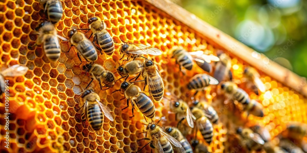 Φωτογραφία Close-up of Honeycomb Structure with Bees Collecting Honey in Natural Beehive En