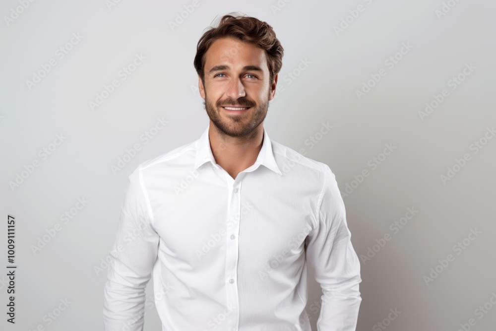 Portrait of a satisfied man in his 30s wearing a classic white shirt over white background Portrait of a satisfied man in his 30s wearing a classic white shirt over white background