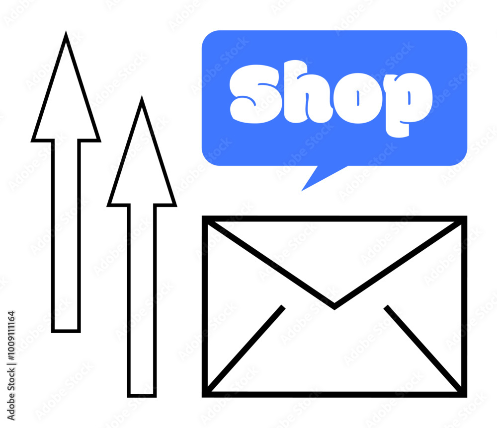 Envelope with two arrows pointing up and speech bubble with the word shop conveys online shopping and email marketing. Ideal for e-commerce, digital marketing, mail services, sales growth, web design Envelope with two arrows pointing up and speech bubble with the word shop conveys online shopping and email marketing. Ideal for e-commerce, digital marketing, mail services, sales growth, web design