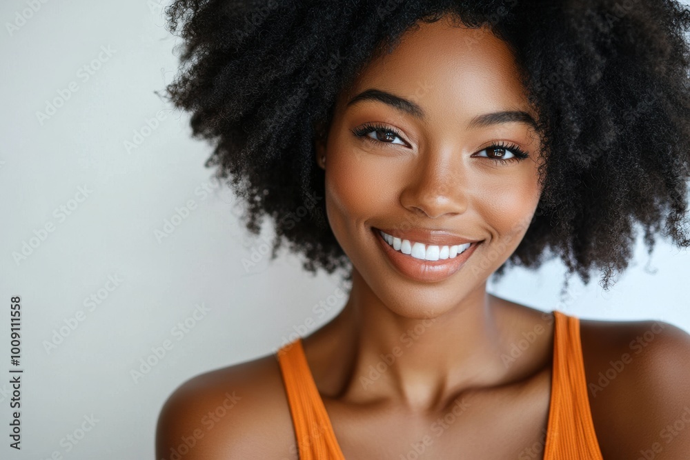 natural beauty portrait showcases a black woman with curly hair and a glowing smile. The lighting highlights her smooth skin, and her joyful expression exudes confidence and positivity. natural beauty portrait showcases a black woman with curly hair and a glowing smile. The lighting highlights her smooth skin, and her joyful expression exudes confidence and positivity.