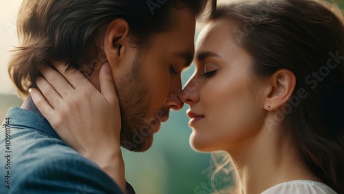 A close-up of a romantic kiss between a man and woman, captured in sharp 4K resolution. The intimate moment focuses on their faces with soft lighting.