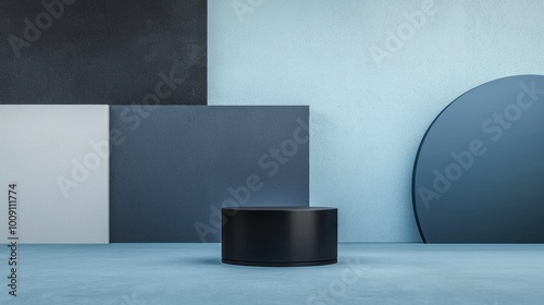 Wallpaper Mural A modern cylinder podium in black, set against a minimalistic abstract background featuring muted blue and grey geometric patterns with a clean, futuristic look. Torontodigital.ca