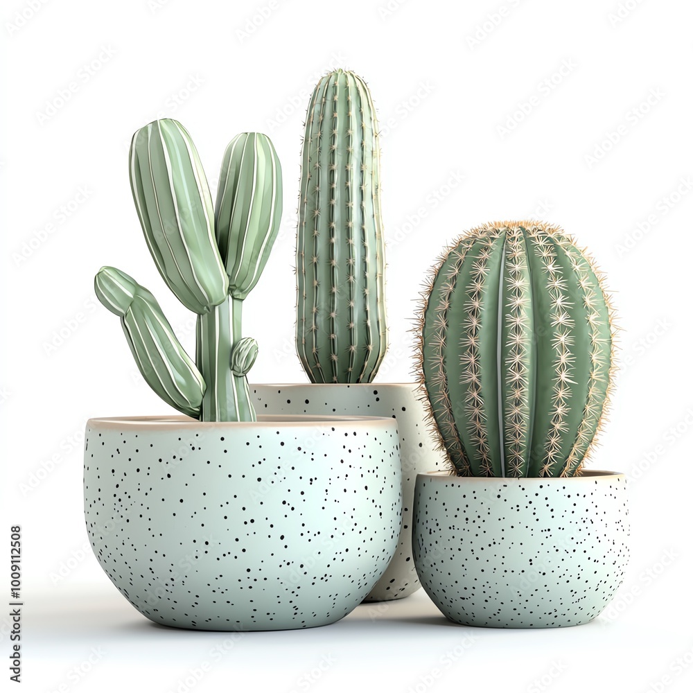 Three distinct cacti in stylish speckled pots, white isolated background. Three distinct cacti in stylish speckled pots, white isolated background.