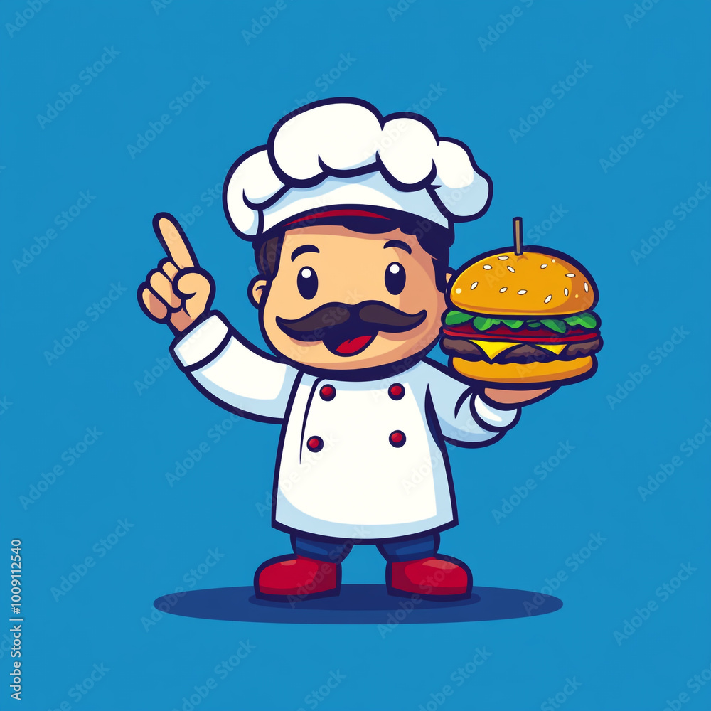 A cartoon chef holding a burger and pointing up, logo design on a blue background in a simple and flat style. A cartoon chef holding a burger and pointing up, logo design on a blue background in a simple and flat style.