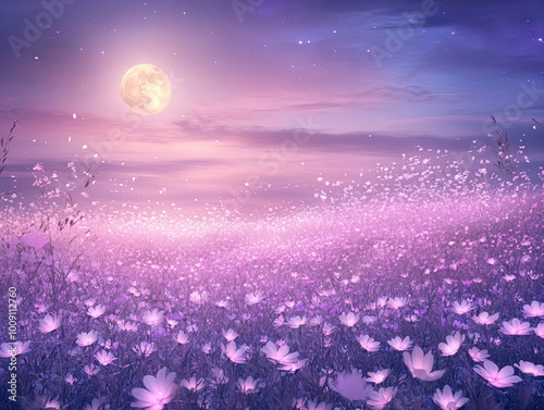 Enchanting Nighttime Ocean of Pink Flowers: A Mystical Moonlit Scene Perfect for Sports Interior Posters and Relaxing Ambiance
