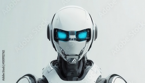 Robotic mask with chrome surfaces and glowing blue eyes, worn by an android in a futuristic laboratory