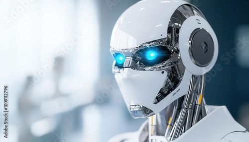 Wallpaper Mural Robotic mask with chrome surfaces and glowing blue eyes, worn by an android in a futuristic laboratory Torontodigital.ca